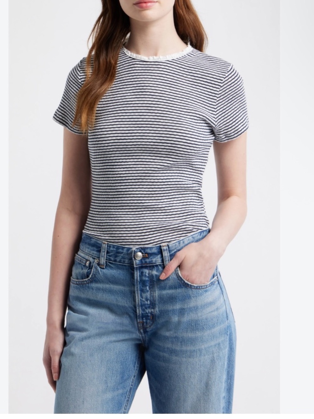 Madewell Textured Knit Crewneck Top Navy & White Striped Short-Sleeve Crewneck M